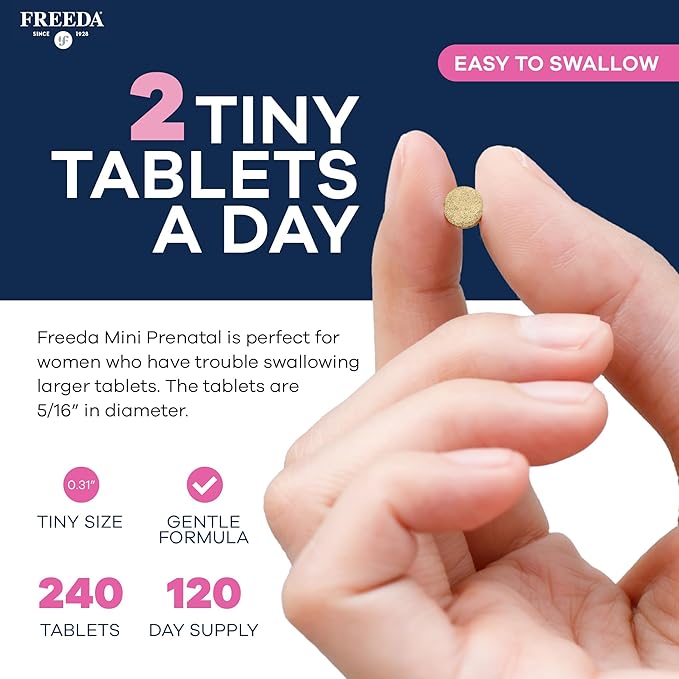 FREEDA Mini Prenatal Vitamin - Kosher Prenatals -Tiny Easy to Swallow Tablets - Prenatal Vitamins with Iron Prenatal Folic Acid/Folate Vitamin D - Pre Natal Multivitamin for Pregnant Women (240)