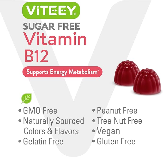 Viteey Vitamin B12 Gummies for Adults &amp Teens 1000mcg Sugar Free - Good for Energy Metabolism Natural Energy Support - Vegan Gelatin Free Gluten Free GMO Free - Chewable Strawberry Flavored