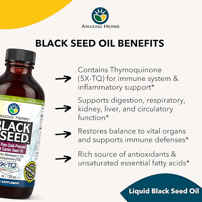 Amazing Herbs Premium Black Seed Oil - Gluten Free Non GMO Cold Pressed Nigella Sativa Aids in Digestive Health Immune Support Brain Function - 4 Fl Oz