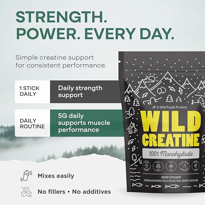 Wild Foods 100% Creatine Monohydrate Powder Packets - 20 Packets - for Brain &amp Performance – Pure Creatine Travel Packs for Men &amp Women USA Made– 5g Creatina Per Serving