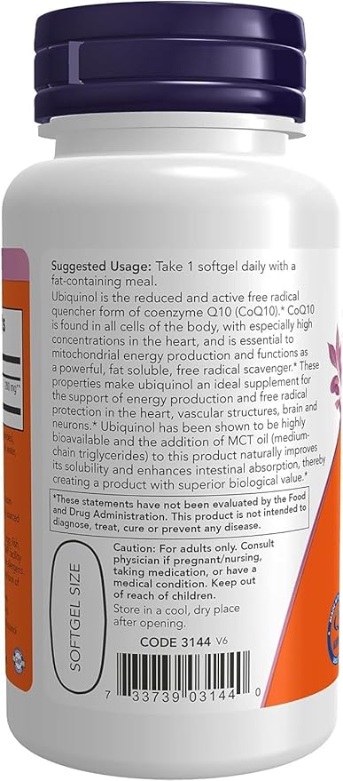 Now Supplements Ubiquinol 200 mg High Bioavailability (The Active Form of CoQ10) 60 Softgels (Pack of 2)