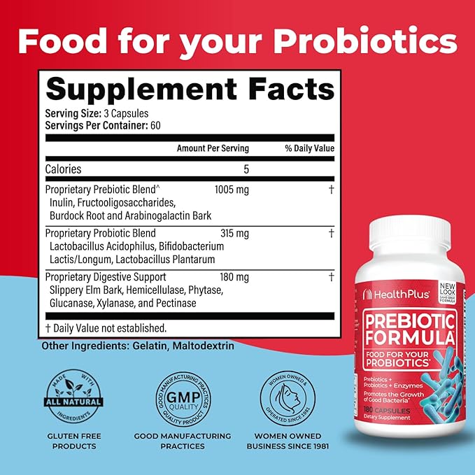 Health Plus Prebiotic Formula - Probiotics + Prebiotics + Digestive Enzymes - Gluten Free Dairy Free Natural Herbal Ingredients (180 Capsules 60 Servings)