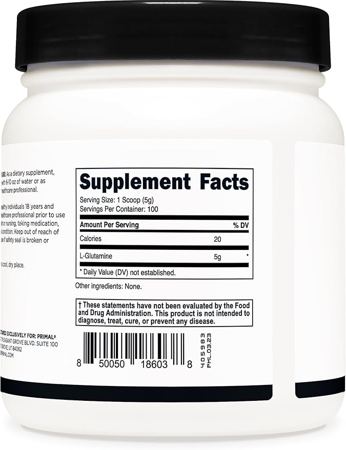 Primal L-Glutamine Powder (500 Grams 100 Servings) | Pure Unflavored Glutamine Amino Acid for Sport &amp Workout Support and Performance - Gluten Free Non-GMO Nutritional Supplement