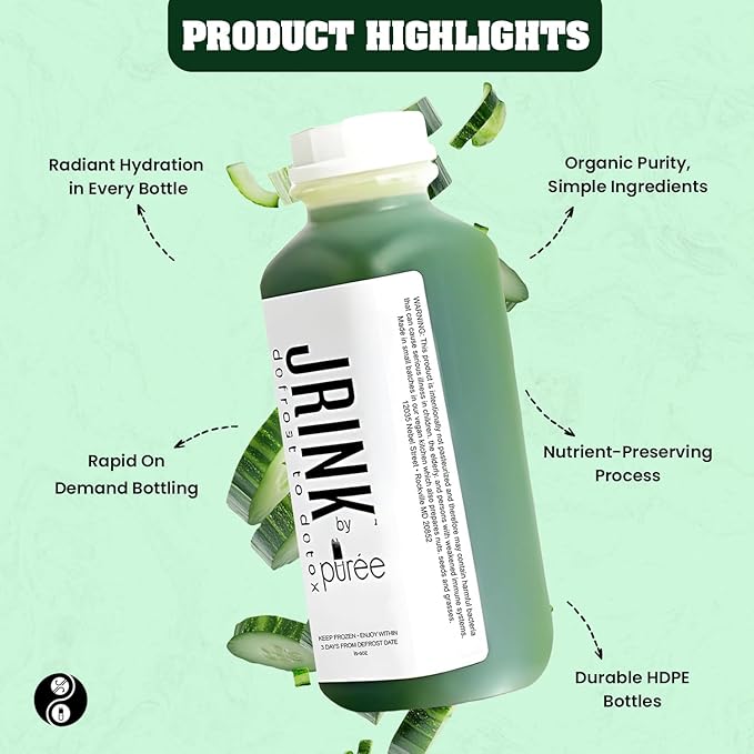 JRINK by Purée Organic Cucumber Juice Cold Pressed Detox Drink Healthy Cleanse with No Preservatives Fresh Raw Juice in HDPE Bottles Organic Fruit and Vegetable Cleanse Beverage 16oz Pack of 18