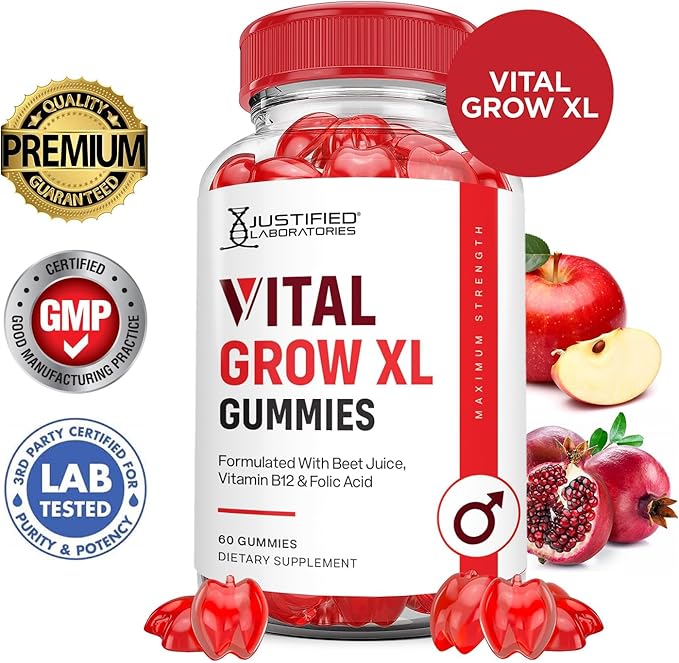 Justified Laboratories (2 Pack Vital Grow XL Performance Gummies 1000MG Advanced Formula Formulated with ACV Pomegranate Beet Juice Powder B12 Vegan Non GMO 120 Gummys