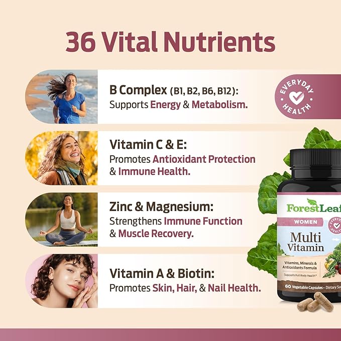 ForestLeaf Daily Vitamin Multivitamin for Women Multi-Vitamin for Women - Womens Multivitamins &amp Multiminerals Supplement | All Essential Vitamins Needed for Health &amp Energy | 60 Veg Caps