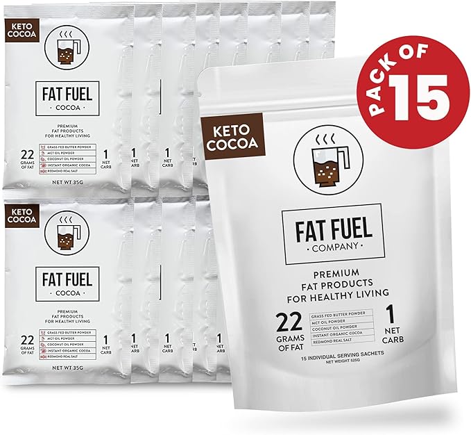 Fat Fuel Keto Cocoa 22g Premium Fats - with Grass Fed Butter MCT Oil Coconut &amp Redmond Real Salt - Instant Organic Cocoa One Net Carb A True Meal Replacement - 15 Servings