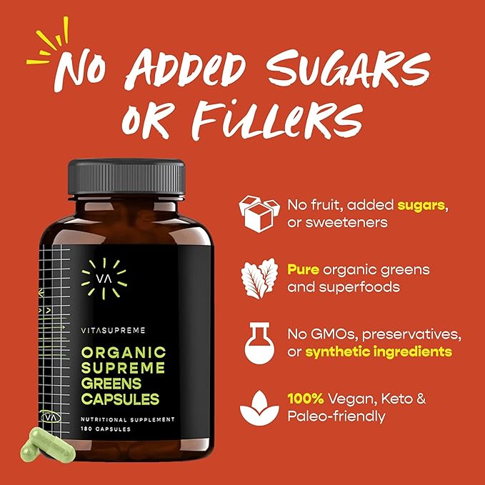 Organic Super Greens Superfood Capsule Nutritional Supplement for Gut Health Immune Support Digestion Energy and More (Non-GMO Keto Vegan) 180 Capsules 3 Pack