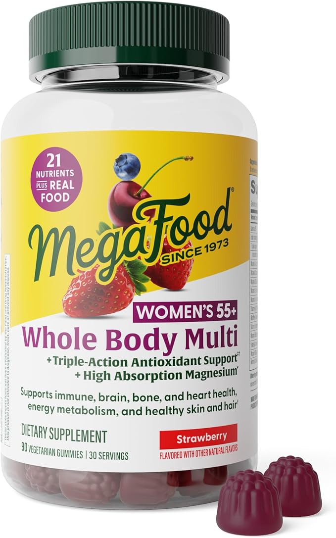 MegaFood Whole Body 55+ Womens Multivitamin - Multivitamin for Women - Vitamin D3 K2 Magnesium Citrate Biotin &amp Folate - Bone Health - Brain Heart &amp Immune Support - 90 Gummies 30 Servings