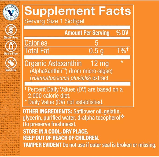 The Vitamin Shoppe Astaxanthin (Solasta) Branded Ingredient 12mg (30 (30 Softgels)