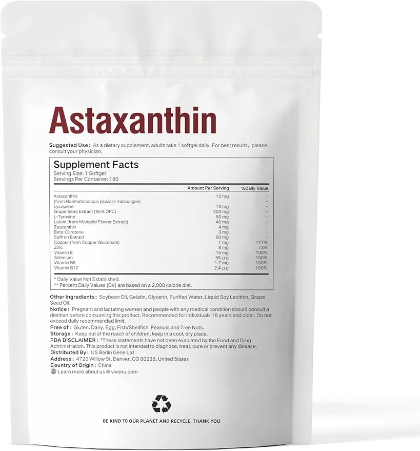 14-in-1 Astaxanthin 12mg &amp Lutein 40mg with Zeaxanthin Supplements 24 Month Supply Fresh Microalgae Source Supports Eye Skin Antioxidant Joint Circulatory Health Non-GMO Gluten Free 4 Ba