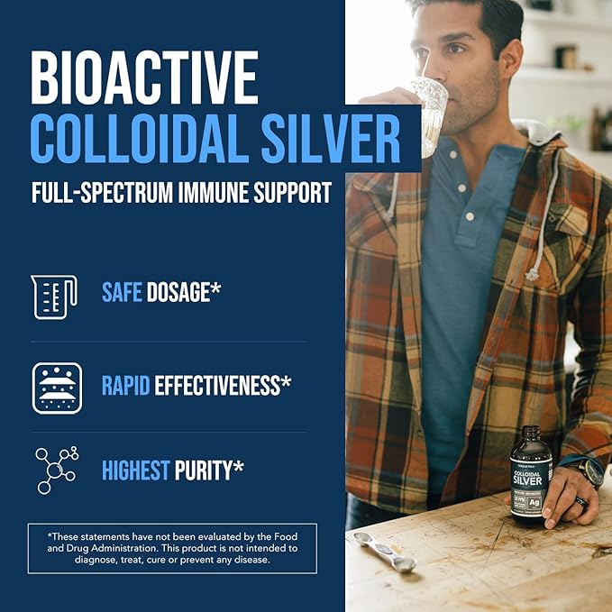 Bioactive Colloidal Silver - 8 oz Glass Bottle Vegan Safe Doses with Highest Effectiveness - Nano Ions 30 PPM - Immune Support (48 Servings)