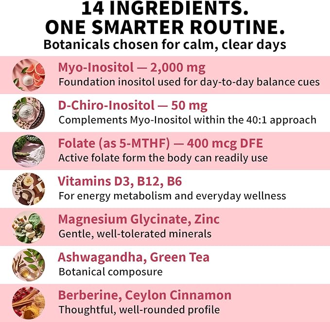 14-in-1 Women’s Inositol Complex Supplement – 40:1 Myo &amp D-Chiro Inositol with Folate Vitamin D3 Zinc Magnesium &amp Botanicals for Hormone &amp Feminine Wellness Support – (120 Capsules) (Pa