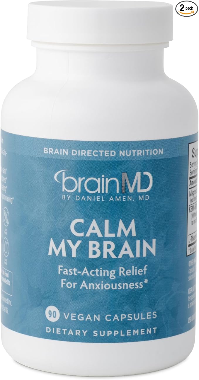 BRAINMD Dr Amen Calm My Brain - 90 Vegan Capsules Pack of 2 - Fast-Acting Formula with Magnesium Ashwagandha &amp L-Theanine - 60 Total Servings