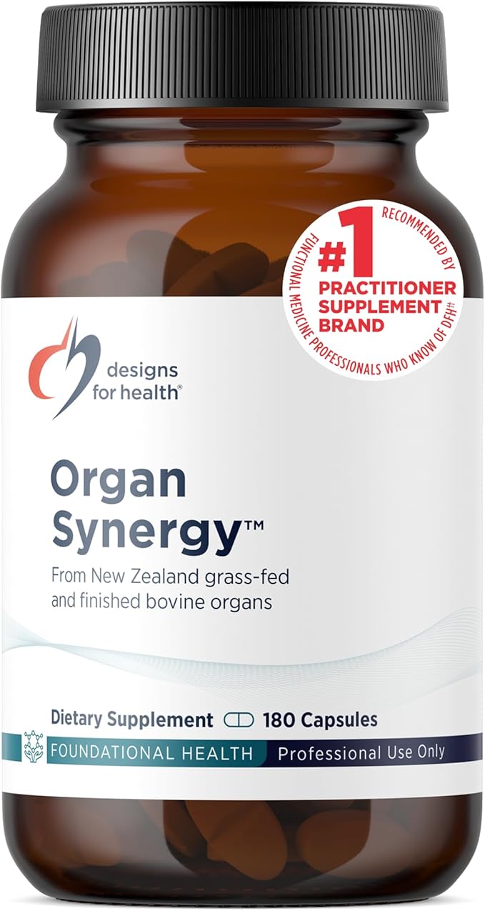 Designs for Health Organ Synergy - Bovine Organ Supplements - 100% GrassFed Beef Organs with Liver Heart Pancreas Kidney + Spleen (180 Capsules / 30 Servings)