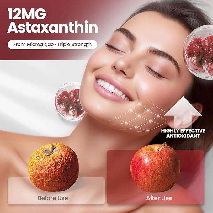 10 in 1 Astaxanthin Supplements 12mg 8 Month Supply Astaxantina Antioxidant from Fresh Haematococcus Pluvialis Contains Lycopene Grape Seed Vitamin E More Supports Eye Joints Skin Health 2Bag