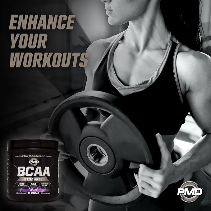 PMD Sports BCAA Stim-Free Amino Acids - Better Workout Performance Enhanced Recovery Daily Energy Muscle Builder and Muscle Sparing - BCAA Powder Drink Mix - Grape (30 Servings)