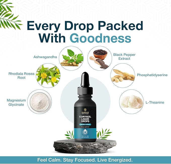 Cortisol Drops – Natural Herbal Liquid Supplement for Daily Stress Support Mood Balance &amp Adrenal Health – Calming Botanical Extracts – Alcohol-Free Formula – 2 fl oz