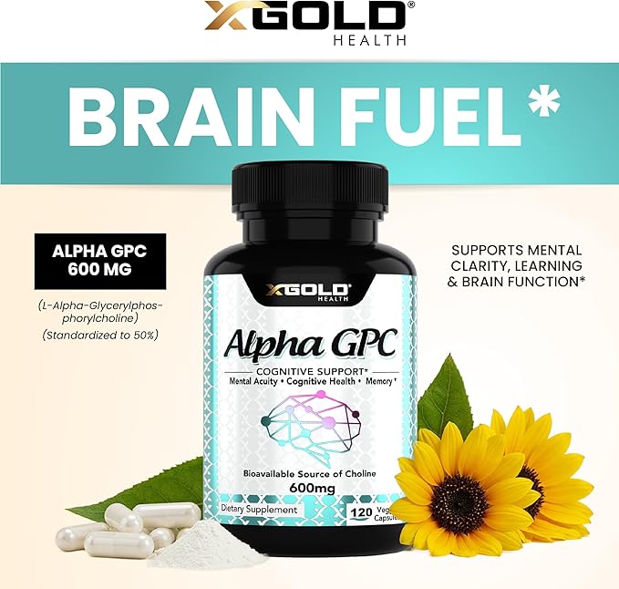 X Gold Health Alpha GPC Choline 600mg Pure Nootropic Supplement 120 Veggie Capsules Cognitive Enhancer for Memory Brain Health &amp Focus