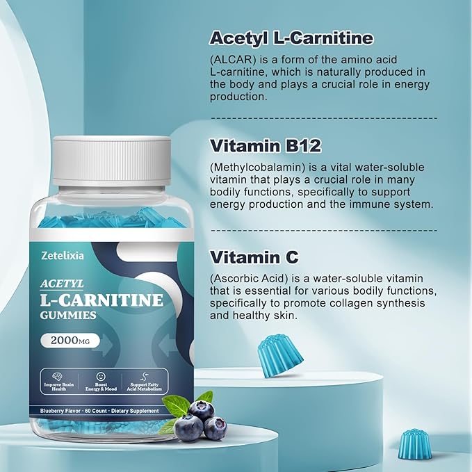 2 Pack Sugar Free Acetyl L-Carnitine Gummies L-Carnitine Supplement for Women &amp Men with Vitamin C &amp B12 ALCAR for Energy Brain &amp Heart Health Support Vegan Non-GMO 120 Count