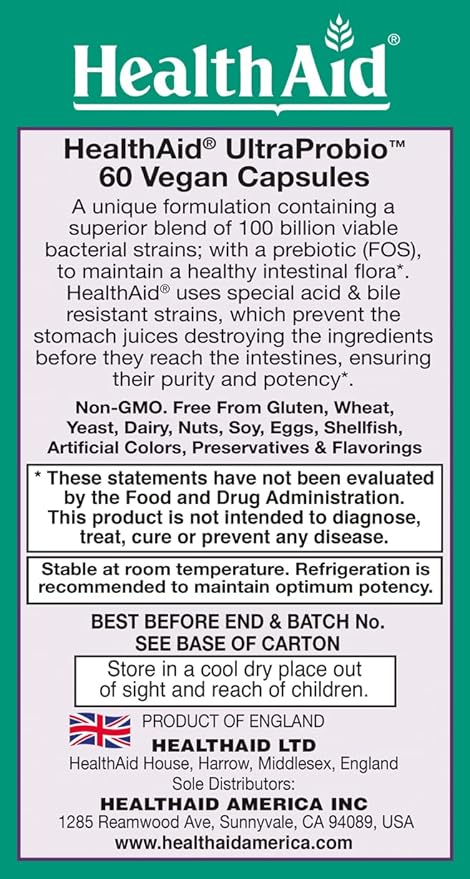HealthAid UltraProbio 100 Billion 60ct Once Daily Capsules Optimum Support 100 Billion with Prebiotic Acid &amp Bile Resistant Dairy &amp Gluten Free Non-GMO Vegan 14 Viable Strins.