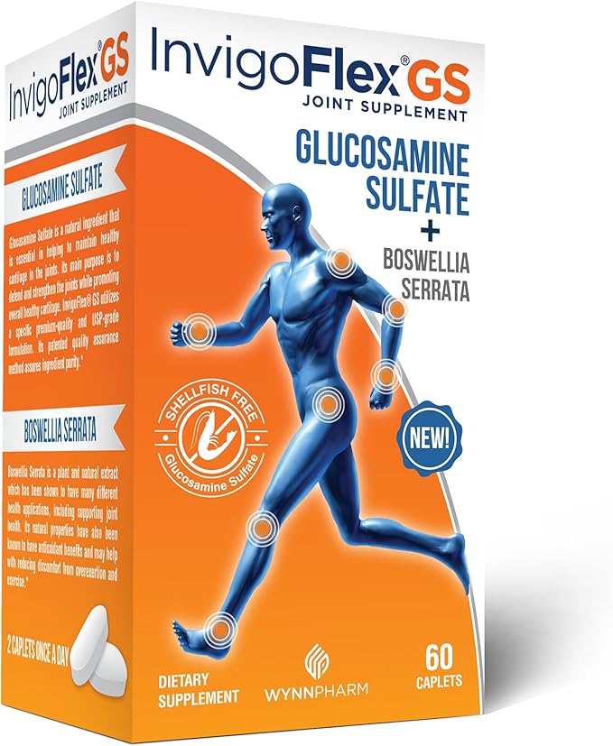 INVIGOFLEX® GS - Glucosamine Sulfate (Shellfish Free Sodium Free &amp Vegetarian Safe) Non GMO Gluten Free - with Boswellia Serrata - Knees Hands Back and Hip Premium Joint Supplement