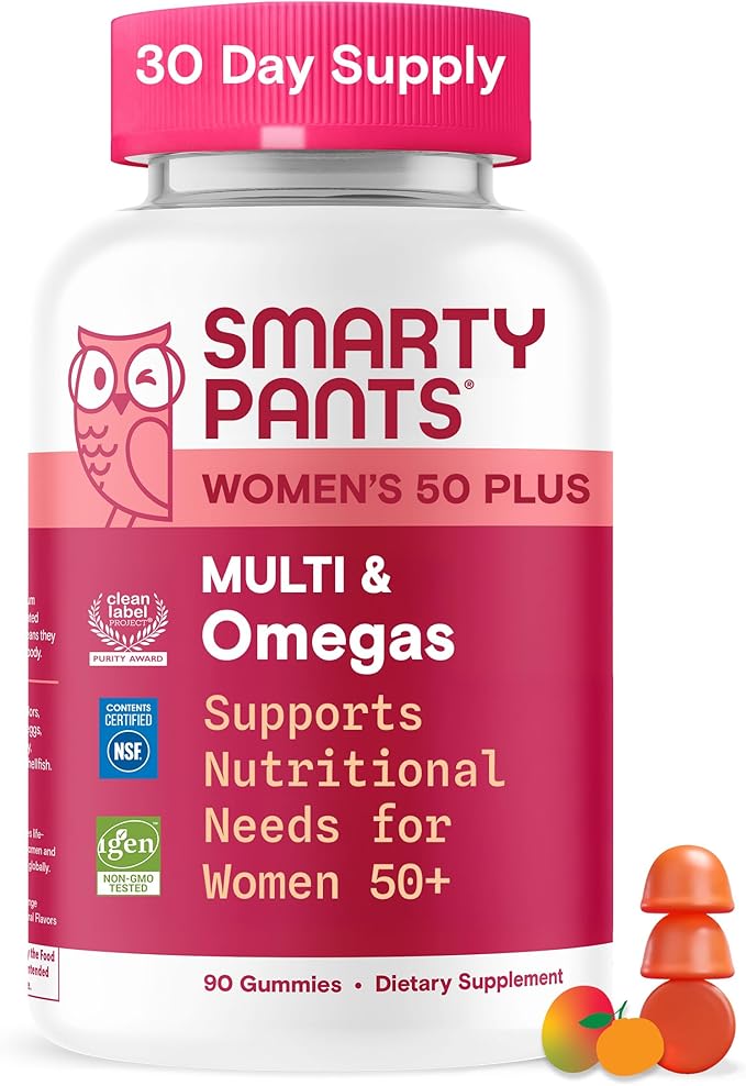SmartyPants Multivitamin Gummy for Women 50 and Over Omega 3 (DHA/EPA) Methylfolate CoQ10 Vitamin D3 C Vitamin B12 B6 A K Biotin Gluten Free 90 Count (30 Day Supply)