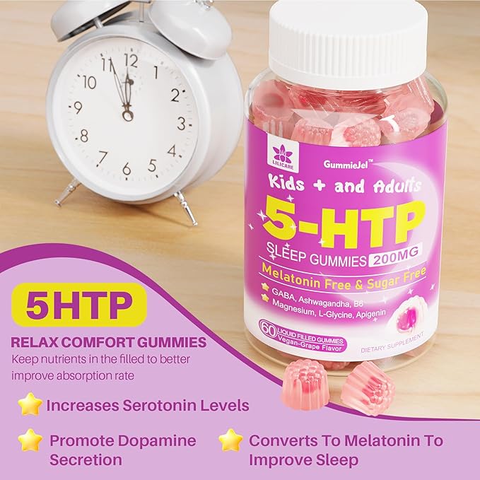 5HTP Gummies for Adults &amp Kids 8+ Melatonin Free Gummies with Magnesium Glycinate GABA L-Glycine Ashwagandha Vitamin B6 for Delicious Zzzs Brain &amp Muscle Relaxation 0 Sugar 60 Count (Pa