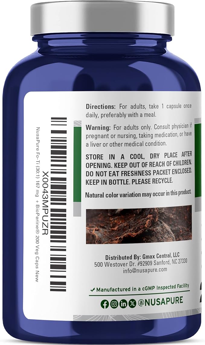 NusaPure Fo-Ti Capsules 167 mg 200 Veg Capsules (Non-GMO Vegan)