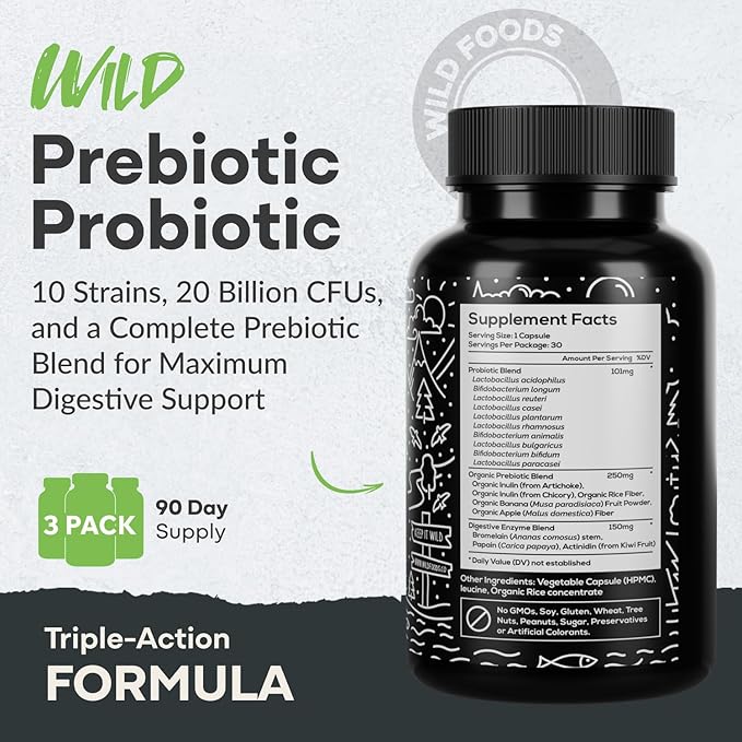 Wild Prebiotics and Probiotics with Digestive Enzymes | 20 Billion CFU - 10 Strains for Women &amp Men | Support Gut Health &amp Digestion Supplements | Non-GMO Prebiotic Fiber | 30 Count (Pack of 2