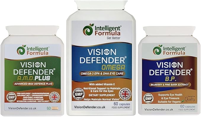 Vision Defender Plus &amp BP &amp Omega Supreme Eye Care Bundle – Eye Supplements with AREDS2 (inc. Lutein Zinc) Meso-Zeaxanthin Bilberry Pine Bark Omega-3 Fish Oil (EPA DHA). Made in UK