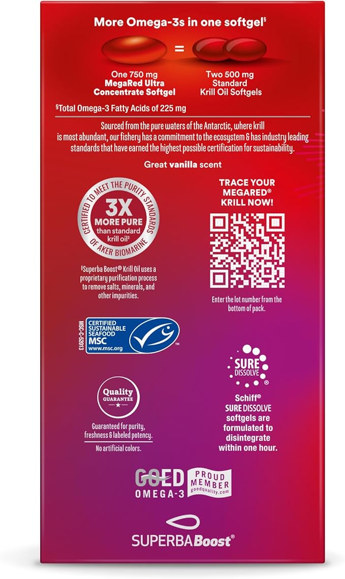 MegaRed Antarctic Krill Oil 750mg Omega 3 Fatty Acid Supplement Ultra Concentrate EPA &amp DHA Softgels Antioxidant Astaxanthin Heart Health Supplement with No Fish Oil Aftertaste 80ct