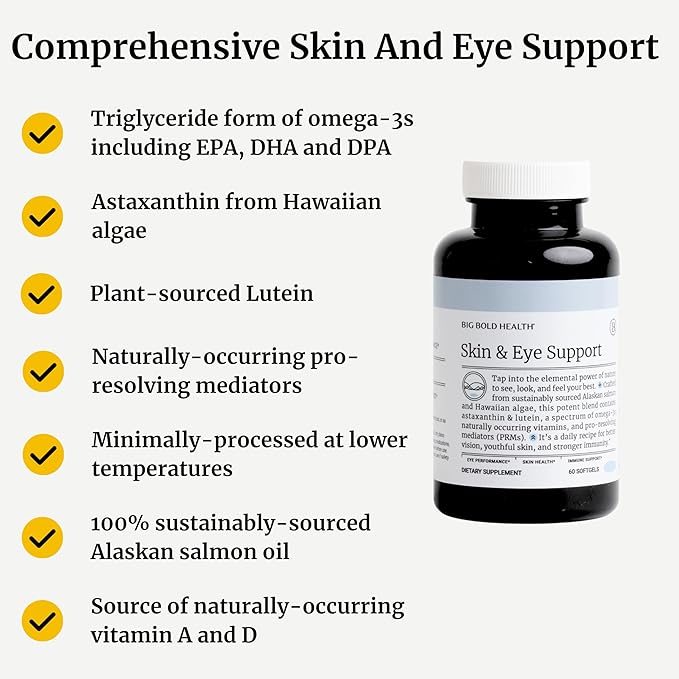 BIG BOLD HEALTH Skin &amp Eye Support - Omega-3 Complex with Alaskan Salmon Oil DHA Astaxanthin &amp Lutein for Healthy Eyes &amp Skin - 60 Softgels