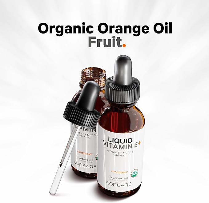 Codeage Liquid Vitamin E+ - USDA-Certified Organic Vitamin E - 2-Month Supply - D-Alpha Tocopherol Acetate Organic MCT Oil Orange Fruit Oil Unflavored Non-GMO Vegan Gluten-Free 2 fl oz