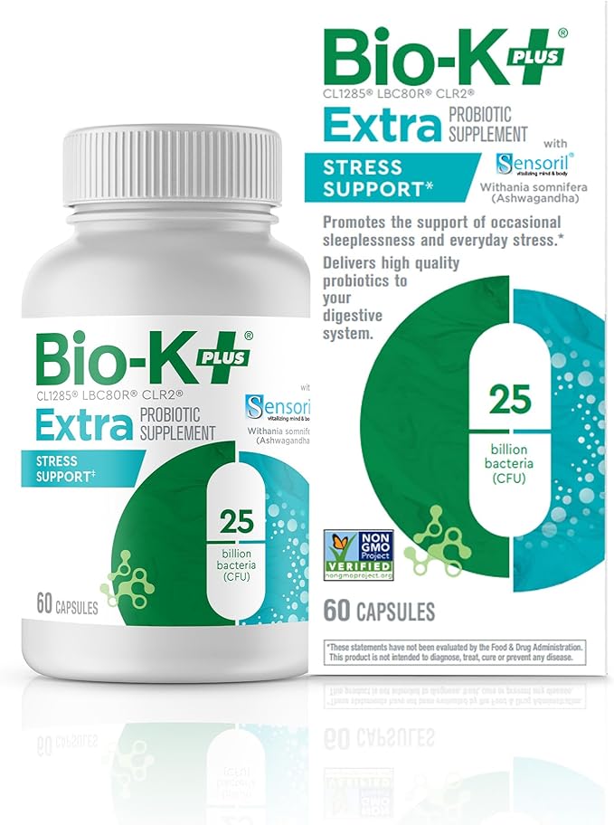 Bio-K+ Probiotic for Stress Support with Sensoril® Ashwagandha Daily Probiotic Supplement to Support Stress &amp Sleep 25 Billion CFU Vegan Shelf-Stable – 60 Capsules