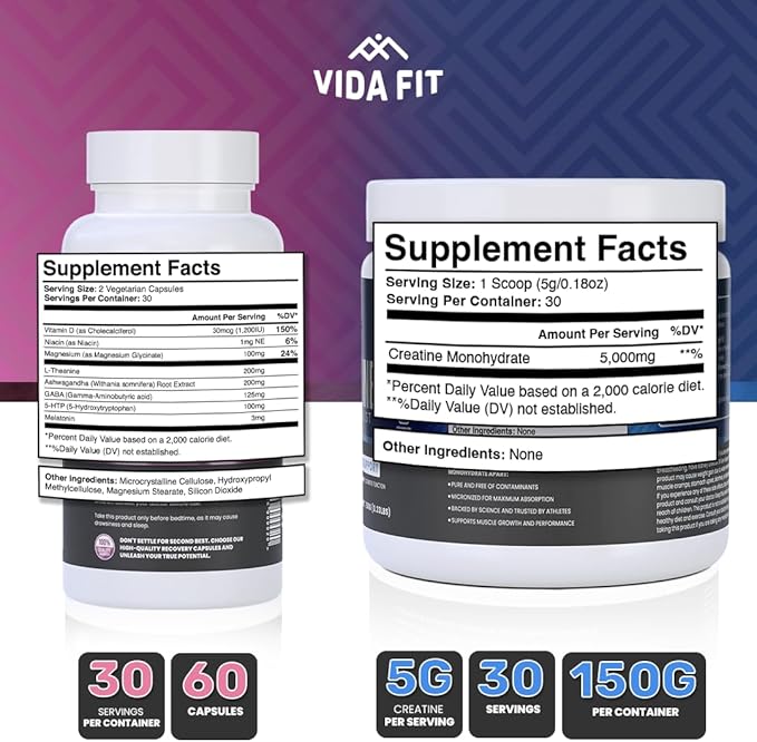 Good Night Natural Sleep Aid (60 Capsules) &amp Micronized Creatine Monohydrate Powder (150g) Bundle – Natural Sleep Support with Melatonin Ashwagandha &amp L-Theanine Plus Pure Vegan Creatine for