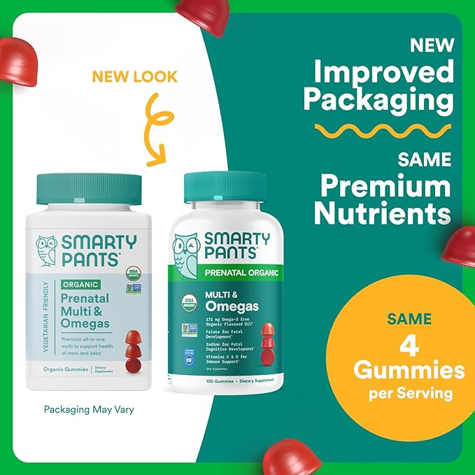 SmartyPants Organic Prenatal Vitamins for Women Multivitamin Gummies: Biotin Methylfolate Omega 3 (ALA) Vitamin D3 C Vitamin B12 B6 A K2 &amp Zinc Choline Vegetarian 120 Count (30 Day Sup