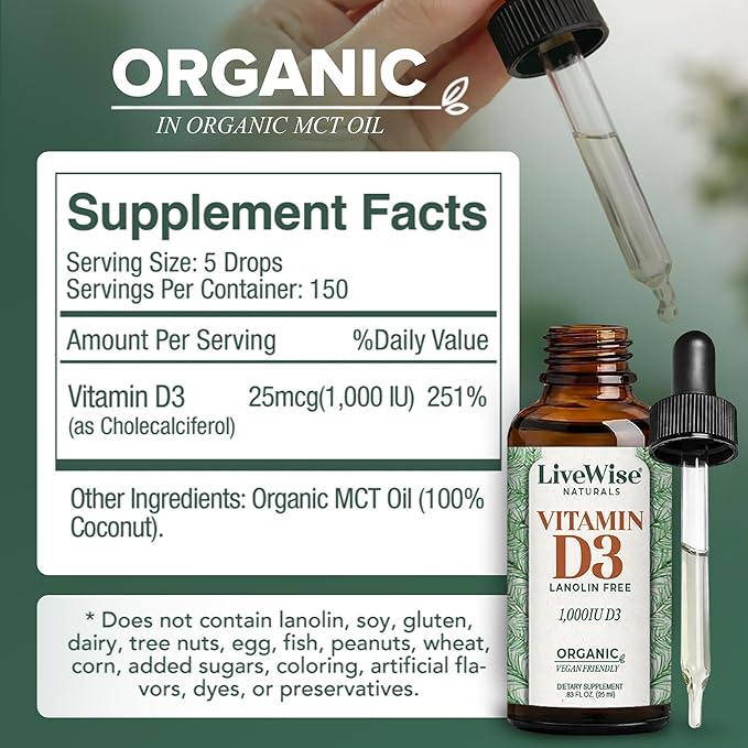 Live Wise Naturals Vitamin D3 1000 IU 25 MCG Drops - 150 Servings Ultra Concentrated Formulation Fast Absorption Vegan Organic MCT Oil Formula - Micro-Dosing Dropper for Bone &amp Immune Support