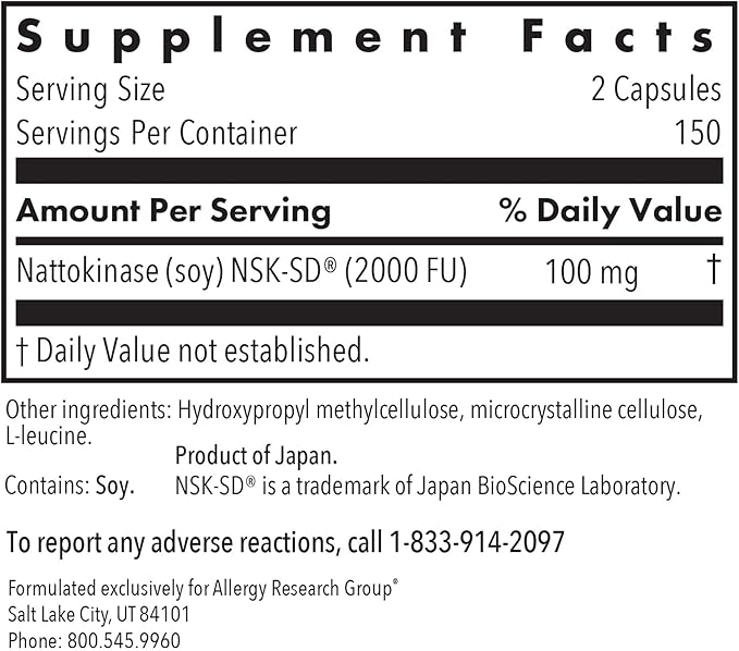 Allergy Research Group ARG Nattokinase 50 mg - Supplement to Support Healthy Circulation - Delivers 50 mg Nattokinase NSK-SD from Fermented Soybeans per Serving - 150 Servings - 300 Capsules