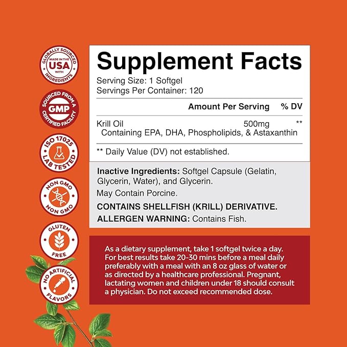 Antarctic Krill Oil Softgels - High Absorption Omega 3 Fatty Acid Supplement with Potent EPA DHA Astaxanthin and Phospholipids - Wild Caught Burpless Fish Oil Omega 3 Supplement - 120 Count