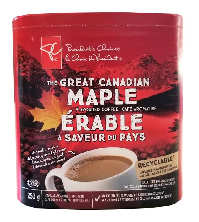 President's Choice The Great Canadian Maple Flavored Coffee 250g/8.75 oz. Box (Medium Light Roast Ground Maple 100% Arabica Imported from Canada)