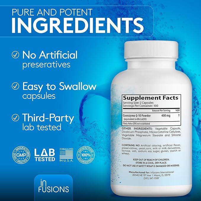 Infusions Pure Extra Strength CoQ10 400mg 400 Capsules High Absorption Gluten Free Non-GMO 2 Pack