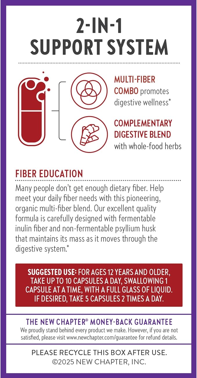 New Chapter All-Flora Multi-Fiber Supplement with Clinically Studied Prebiotic Inulin + Psyllium Husk for Digestion &amp Gut Health Good Source of Daily Fiber USDA Organic 100% Vegan 120 Count