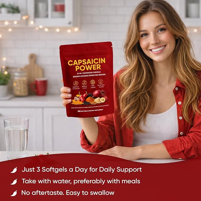Capsaicin Power - Cayenne Pepper Softgels Supplement Supports Leg Vein Digestive &amp Gut Health with Vitamin D3+K2 Beetroot Grape Seed and Other Extracts 300 Capsules (1)