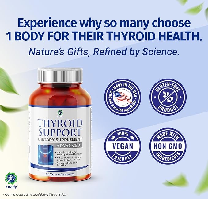 1 Body Thyroid Support Supplement 90-Day Supply 2 Pack with B12 Iodine Zinc Selenium Ashwagandha Non-GMO Vegetarian Formula (60 Count (Pack of 2))