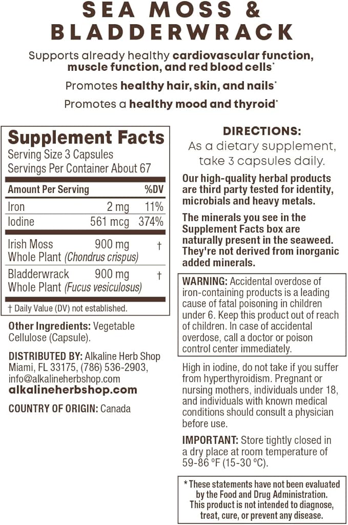 Alkaline Herb Shop Sea Moss &amp Bladderwrack Supplement 200 Capsules - Wildcrafted Vegetable Capsules for Cardiovascular Thyroid Hair Skin &amp Nail Support