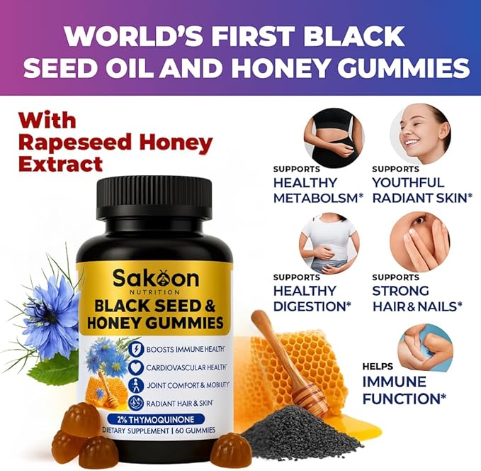 Sakoon nutrition Black Seed Oil Gummies with Honey and W/ 2%+ THYMOQUINONE - Nigella Sativa Seeds - Super antioxidant for Immune Support Joints Digestion Hair &amp Skin - 60 Gummies