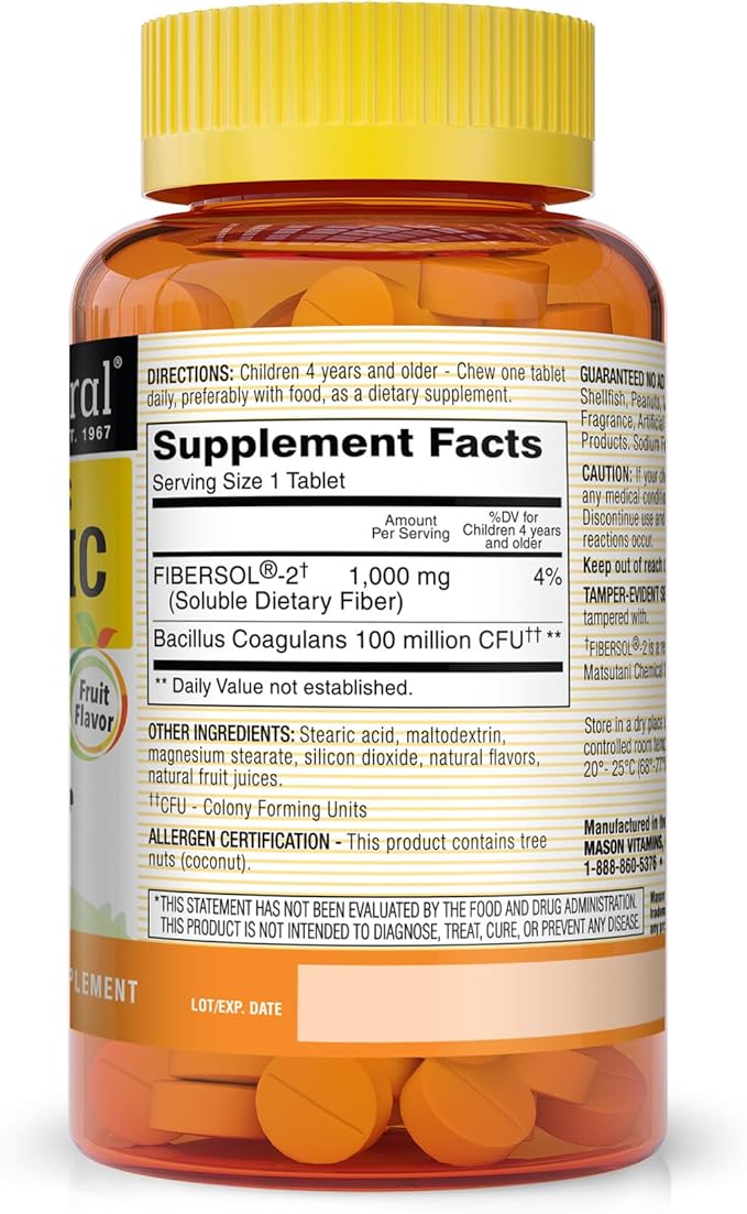 MASON NATURAL Healthy Kids Probiotic with Fiber - Healthy Digestive Function Improved Gut Health 60 Chewables (Pack of 3)