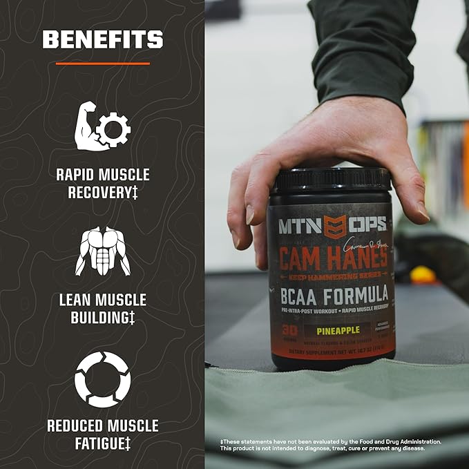 MTN OPS BCAA Powder 2:1:1 Amino Acids Supplement Powder for Rapid Muscle Recovery &amp Repair with Zero Sugar &amp Gluten Free - 30-Servings Tropical Punch Cameron Hanes Keep Hammering Series