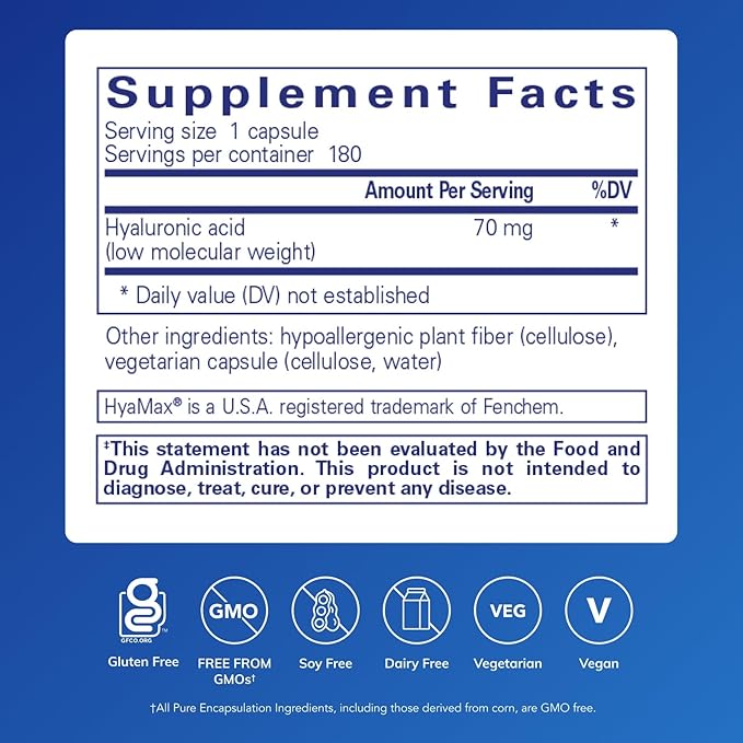 Pure Encapsulations Hyaluronic Acid - for Skin Hydration Joint Lubrication &amp Joint Health* - Effective Absorption - Gluten Free - Vegan &amp Non-GMO - 180 Capsules